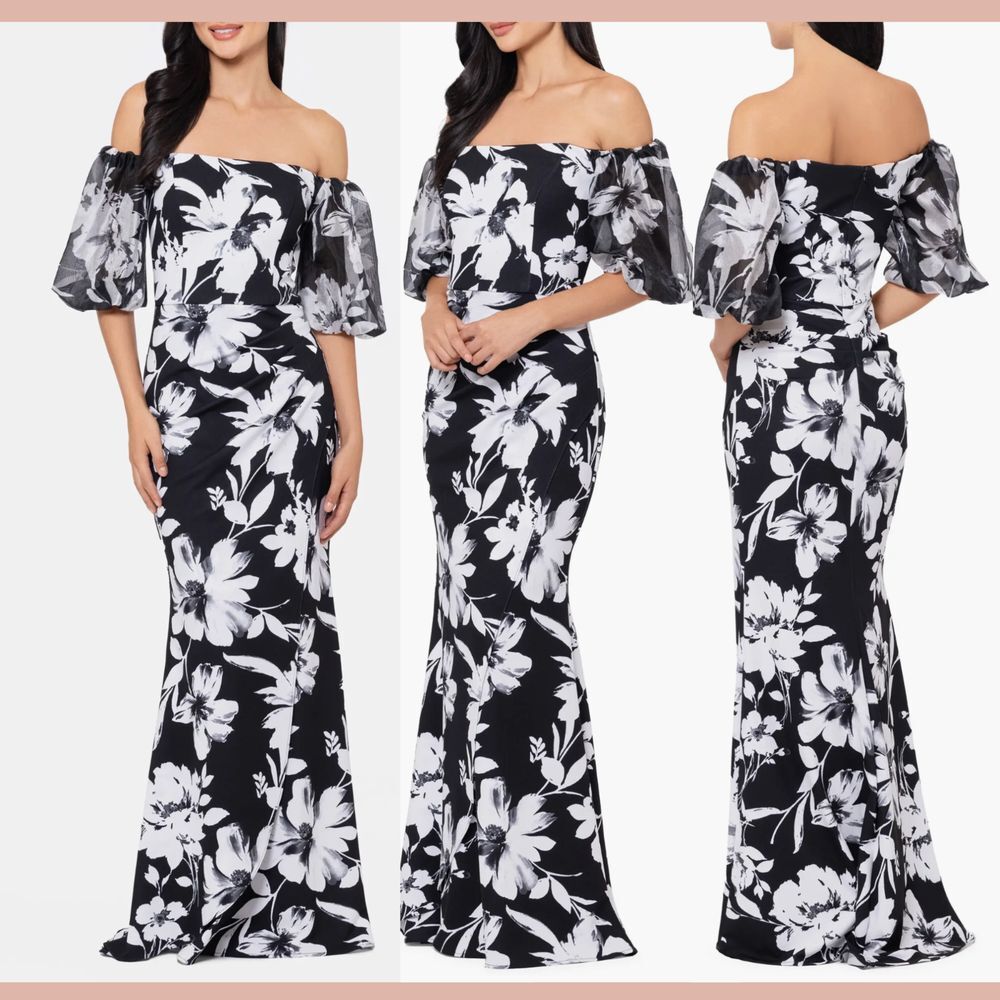 NWD‎ $278 XSCAPE [ 4 ] Floral Off Shoulder Puff Sleeve Scuba Sheath Gown